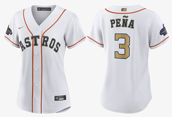 Women's Houston Astros #3 Jeremy Peña White 2023 Gold Collection With World Serise Champions Patch Stitched Jersey(Run Small) Women's Houston Astros #3 Jeremy Peña White 2023 Gold Collection With World Serise Champions Patch Stitched Jersey(Run Small)